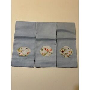 Guest Towels Set of 3 Blue Excellent Hand Embroidered Chinoiserie Linen